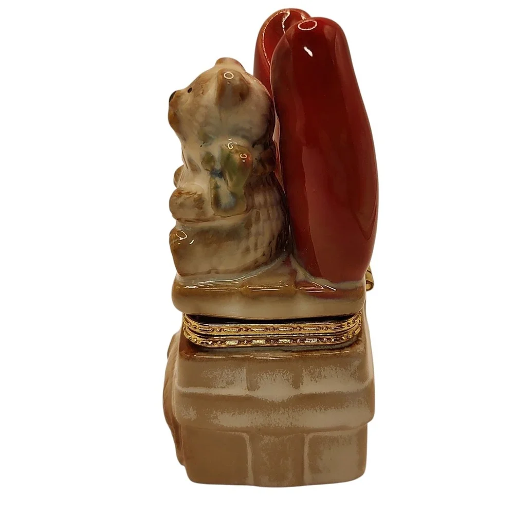 Vintage Porcelain‎ Trinket Box Hinged with Teddy Bear Elephant Red Bow Four Inch
